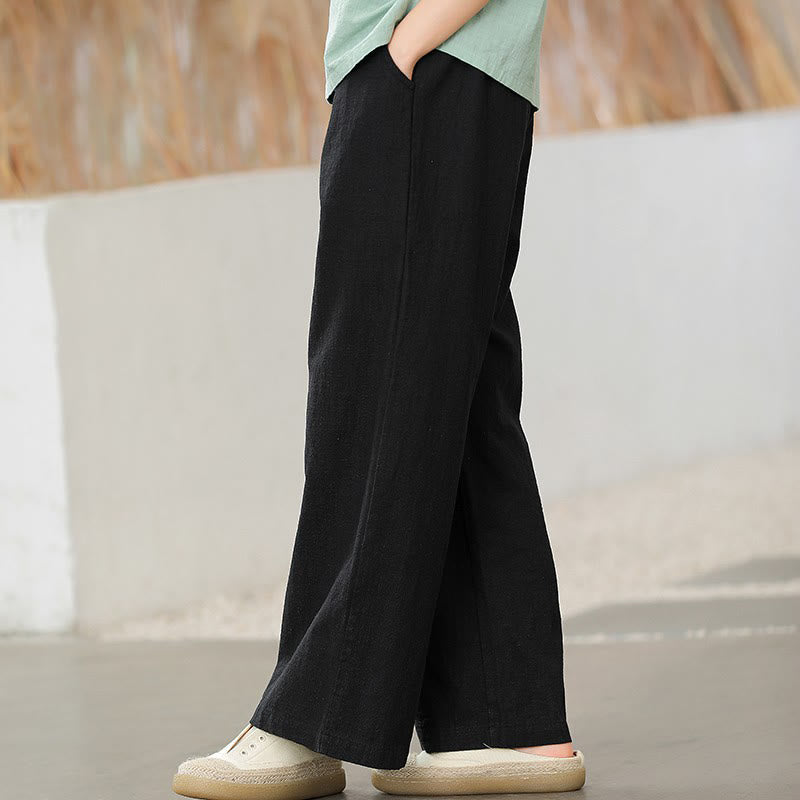 Pantaloni larghi a gamba dritta casual semplici Buddha Stones da donna in cotone ramiè con tasche