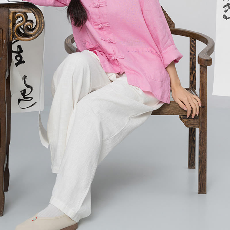 Pantaloni larghi a gamba dritta casual semplici Buddha Stones da donna in cotone ramiè con tasche