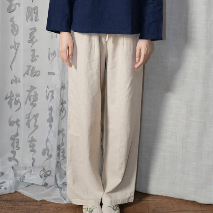 Pantaloni larghi a gamba dritta casual semplici Buddha Stones da donna in cotone ramiè con tasche