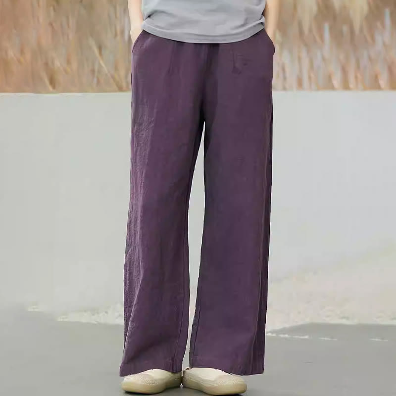 Pantaloni larghi a gamba dritta casual semplici Buddha Stones da donna in cotone ramiè con tasche