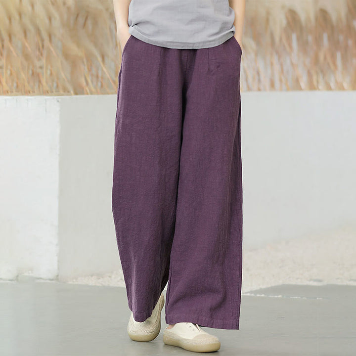 Pantaloni larghi a gamba dritta casual semplici Buddha Stones da donna in cotone ramiè con tasche