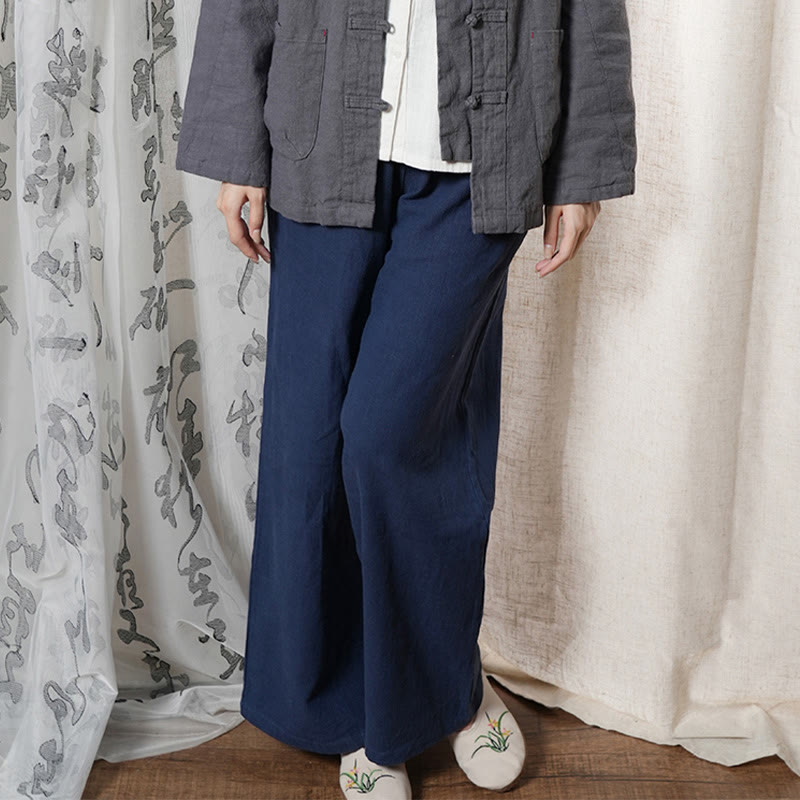 Pantaloni larghi a gamba dritta casual semplici Buddha Stones da donna in cotone ramiè con tasche