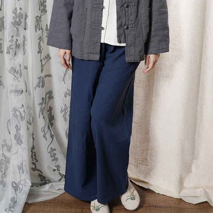 Pantaloni larghi a gamba dritta casual semplici Buddha Stones da donna in cotone ramiè con tasche