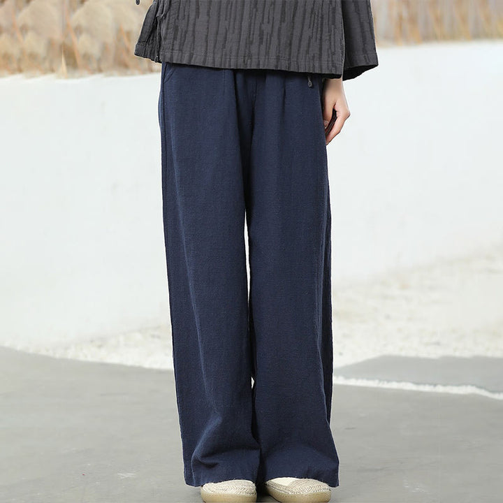 Pantaloni larghi a gamba dritta casual semplici Buddha Stones da donna in cotone ramiè con tasche