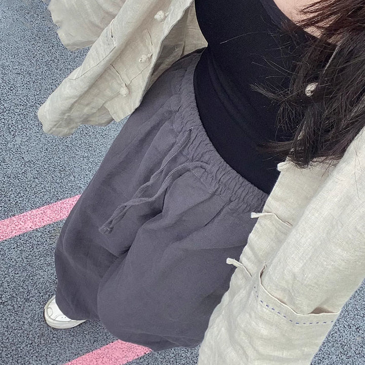 Pantaloni larghi a gamba dritta casual semplici Buddha Stones da donna in cotone ramiè con tasche