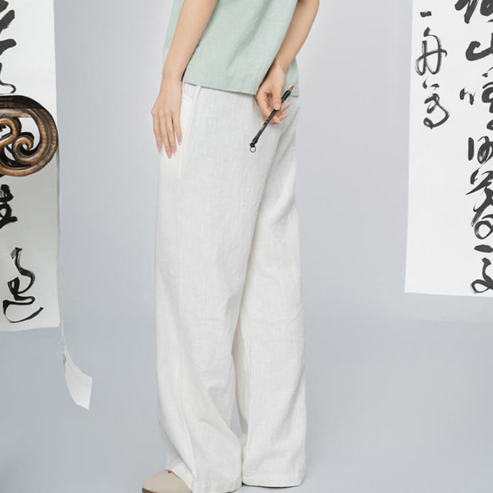 Pantaloni larghi a gamba dritta casual semplici Buddha Stones da donna in cotone ramiè con tasche