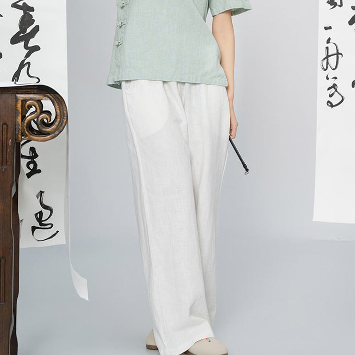 Pantaloni larghi a gamba dritta casual semplici Buddha Stones da donna in cotone ramiè con tasche