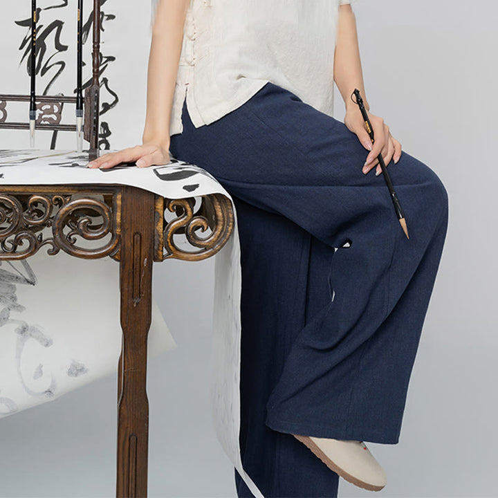Pantaloni larghi a gamba dritta casual semplici Buddha Stones da donna in cotone ramiè con tasche