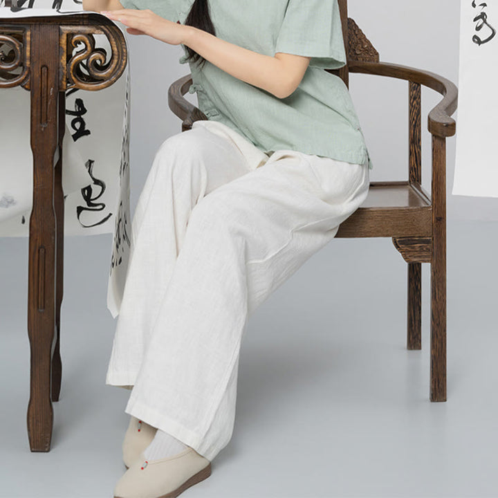 Pantaloni larghi a gamba dritta casual semplici Buddha Stones da donna in cotone ramiè con tasche