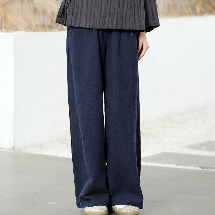 Pantaloni larghi a gamba dritta casual semplici Buddha Stones da donna in cotone ramiè con tasche