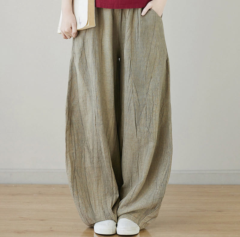 Pantaloni da donna in ramiè con tasche, casual, semplici, larghi, tie-dye, effetto consumato , Buddha Stones