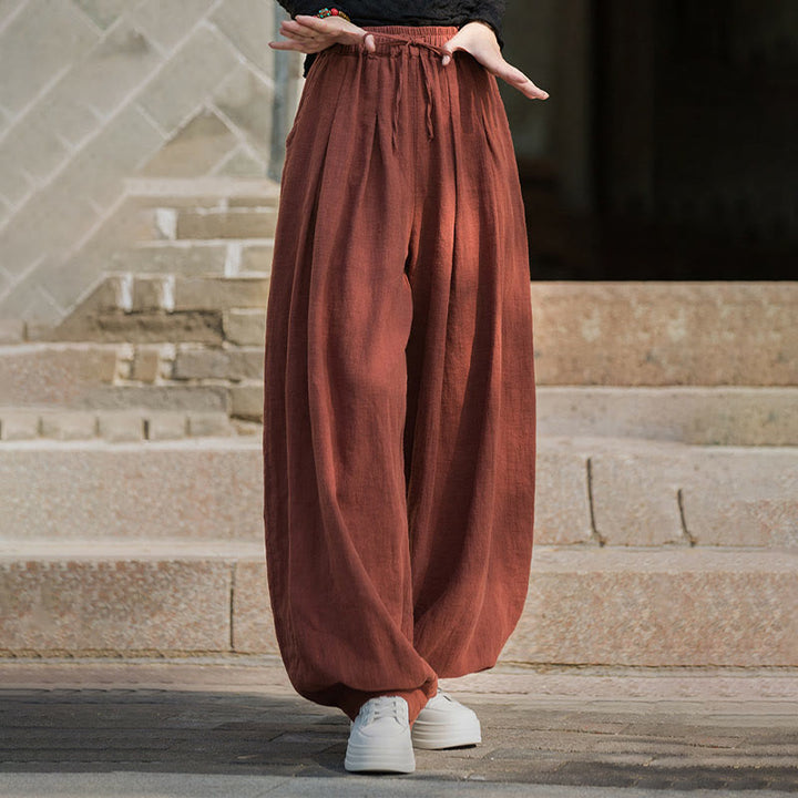 Pantaloni da donna in cotone ramiè con tasche, casual, tinta unita, larghi, con cintura e cravatta in corda Buddha Stones