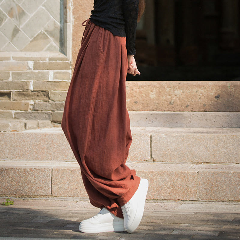 Pantaloni da donna in cotone ramiè con tasche, casual, tinta unita, larghi, con cintura e cravatta in corda Buddha Stones