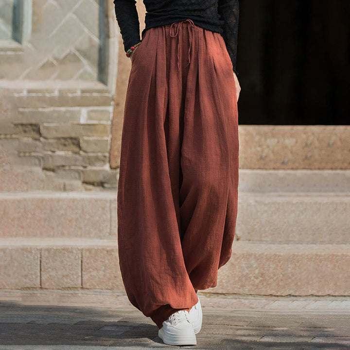 Pantaloni da donna in cotone ramiè con tasche, casual, tinta unita, larghi, con cintura e cravatta in corda Buddha Stones