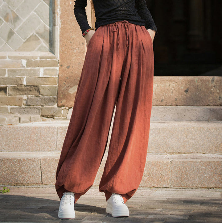 Pantaloni da donna in cotone ramiè con tasche, casual, tinta unita, larghi, con cintura e cravatta in corda Buddha Stones