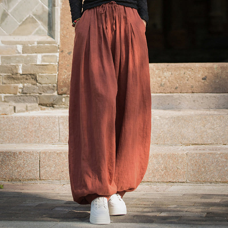 Pantaloni da donna in cotone ramiè con tasche, casual, tinta unita, larghi, con cintura e cravatta in corda Buddha Stones