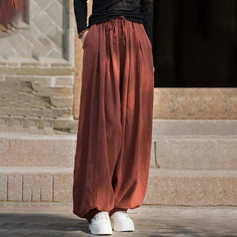 Pantaloni da donna in cotone ramiè con tasche, casual, tinta unita, larghi, con cintura e cravatta in corda Buddha Stones
