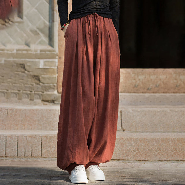 Pantaloni da donna in cotone ramiè con tasche, casual, tinta unita, larghi, con cintura e cravatta in corda Buddha Stones