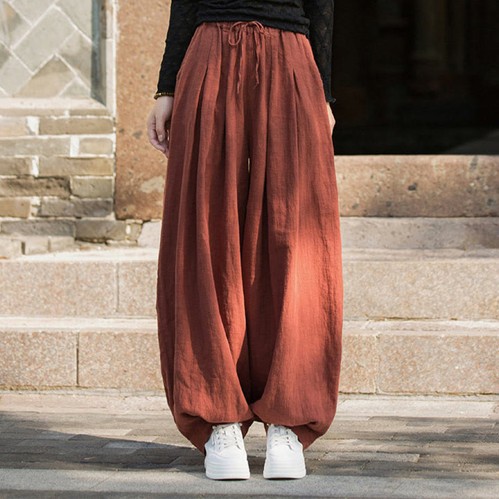 Pantaloni da donna in cotone ramiè con tasche, casual, tinta unita, larghi, con cintura e cravatta in corda Buddha Stones - image 1