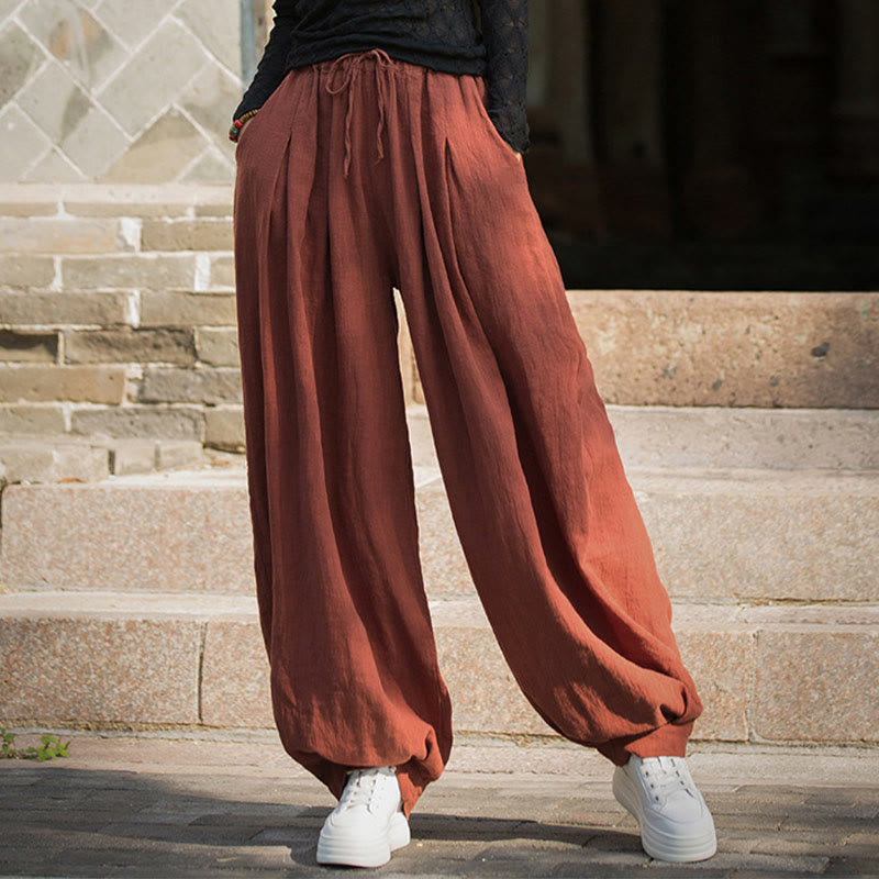 Pantaloni da donna in cotone ramiè con tasche, casual, tinta unita, larghi, con cintura e cravatta in corda Buddha Stones