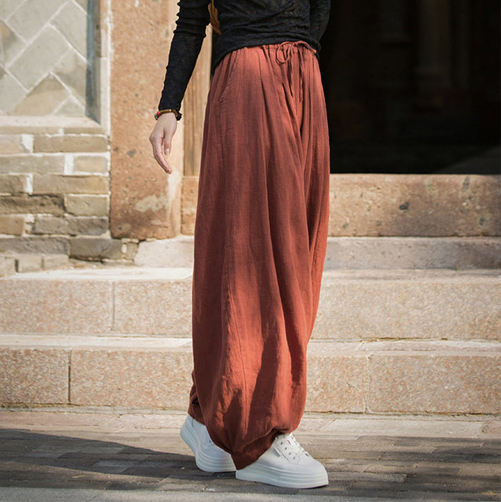 Pantaloni da donna in cotone ramiè con tasche, casual, tinta unita, larghi, con cintura e cravatta in corda Buddha Stones