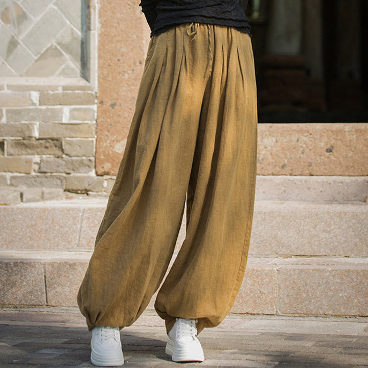 Pantaloni da donna in cotone ramiè con tasche, casual, tinta unita, larghi, con cintura e cravatta in corda Buddha Stones