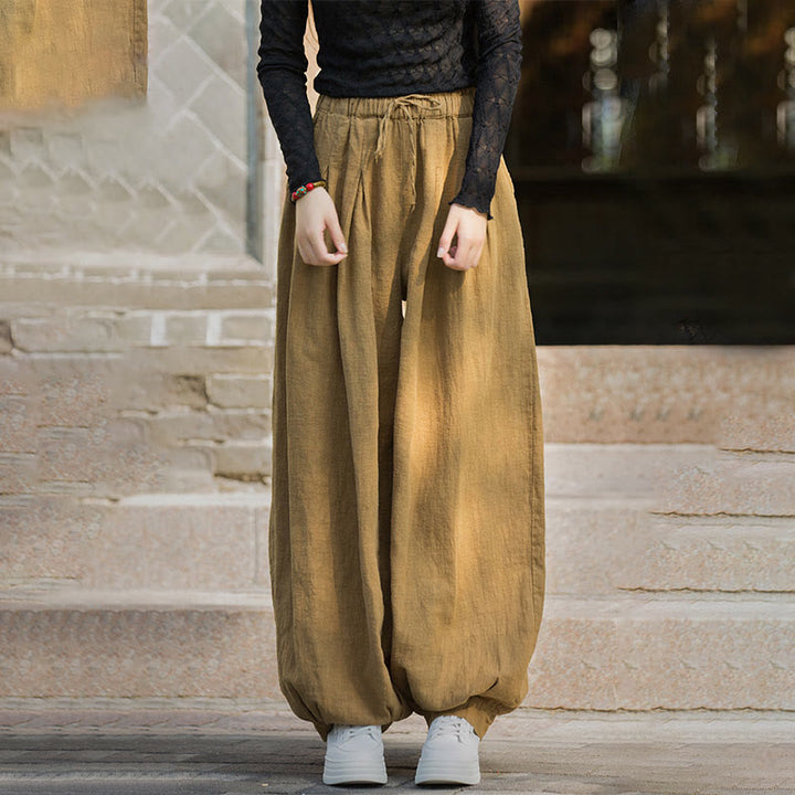 Pantaloni da donna in cotone ramiè con tasche, casual, tinta unita, larghi, con cintura e cravatta in corda Buddha Stones