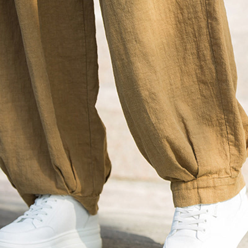 Pantaloni da donna in cotone ramiè con tasche, casual, tinta unita, larghi, con cintura e cravatta in corda Buddha Stones