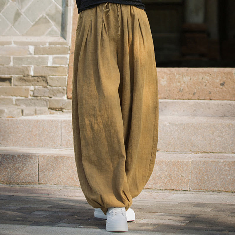 Pantaloni da donna in cotone ramiè con tasche, casual, tinta unita, larghi, con cintura e cravatta in corda Buddha Stones