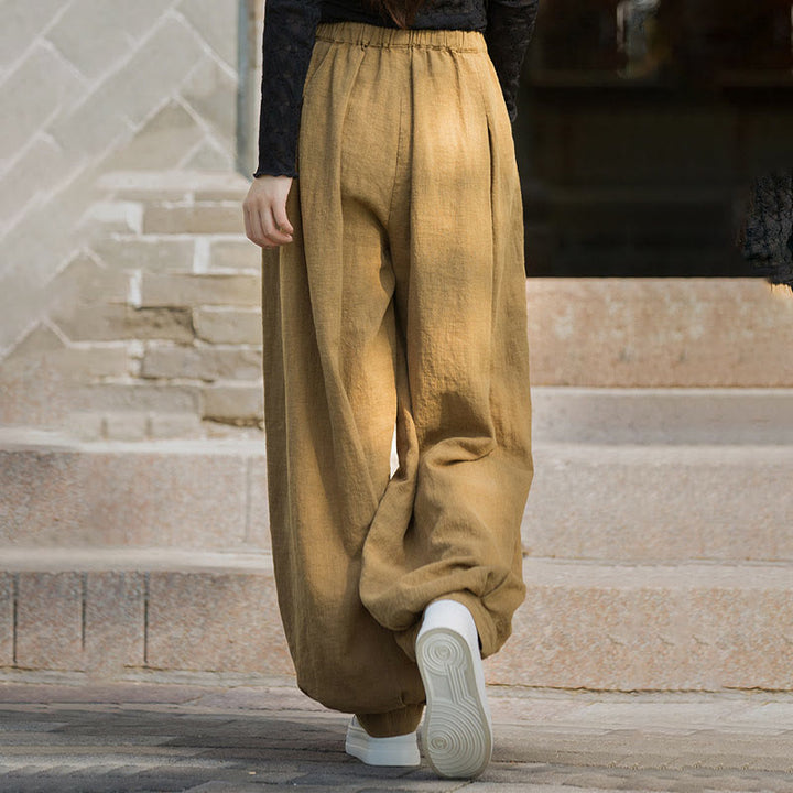 Pantaloni da donna in cotone ramiè con tasche, casual, tinta unita, larghi, con cintura e cravatta in corda Buddha Stones