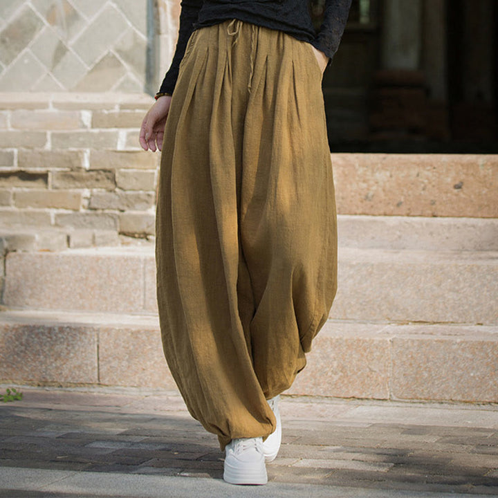 Pantaloni da donna in cotone ramiè con tasche, casual, tinta unita, larghi, con cintura e cravatta in corda Buddha Stones