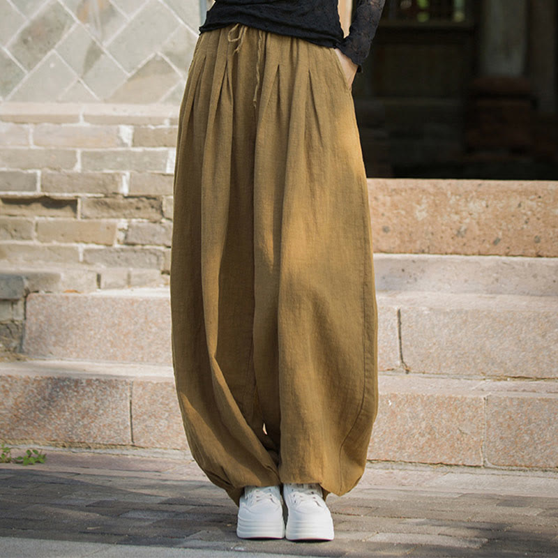 Pantaloni da donna in cotone ramiè con tasche, casual, tinta unita, larghi, con cintura e cravatta in corda Buddha Stones