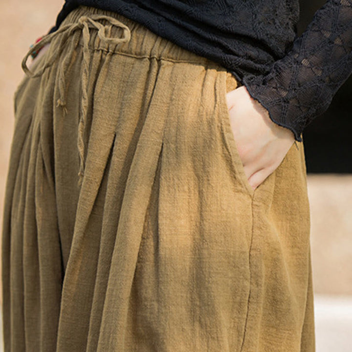 Pantaloni da donna in cotone ramiè con tasche, casual, tinta unita, larghi, con cintura e cravatta in corda Buddha Stones