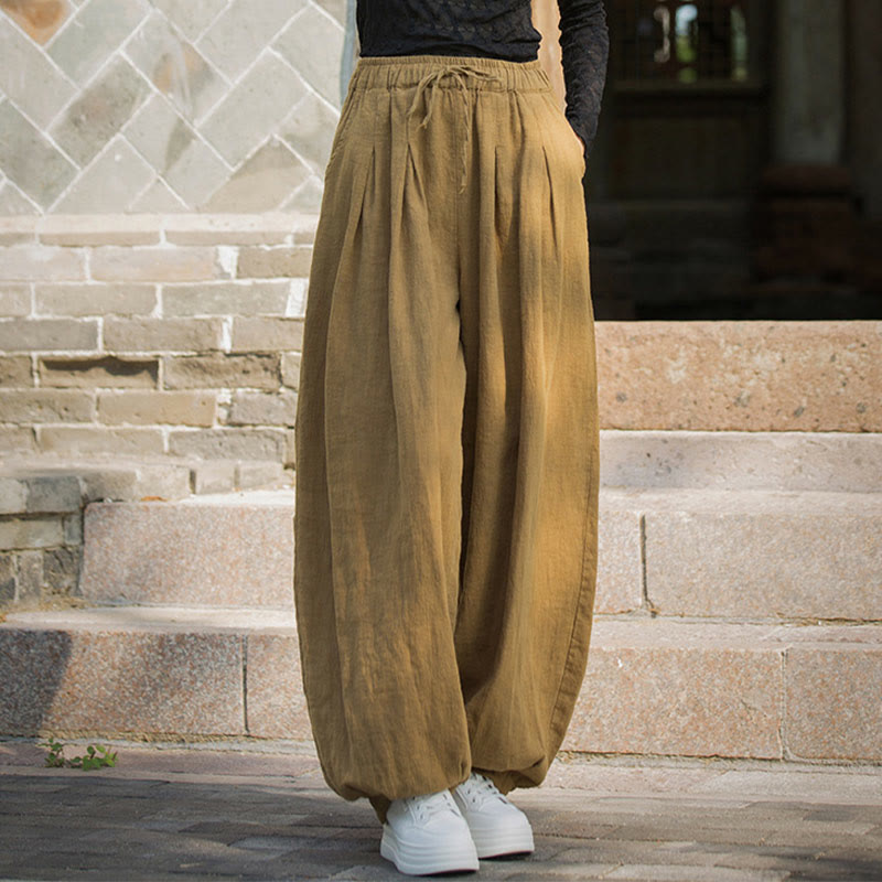 Pantaloni da donna in cotone ramiè con tasche, casual, tinta unita, larghi, con cintura e cravatta in corda Buddha Stones