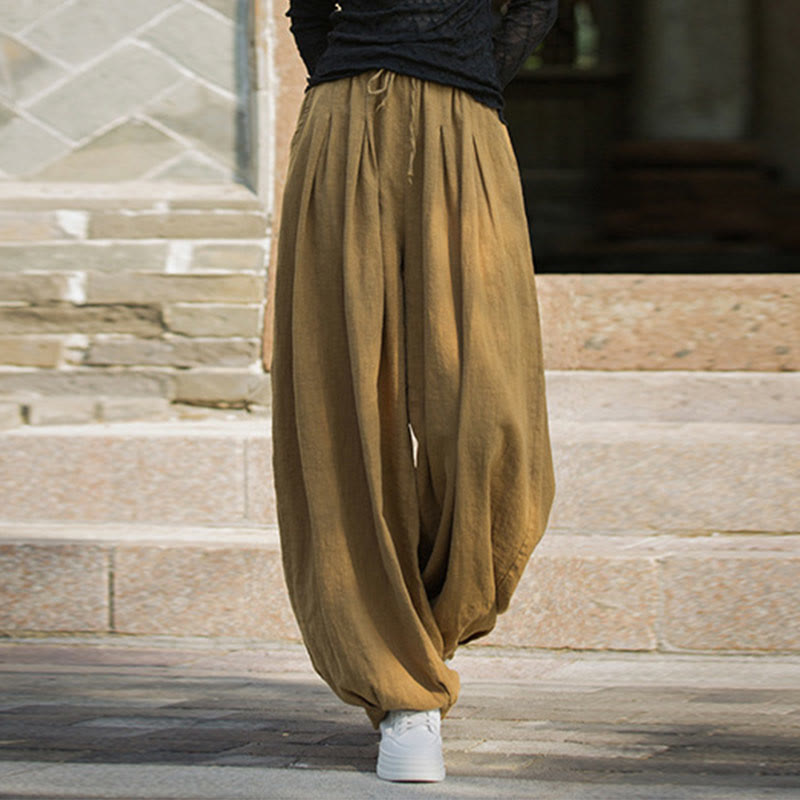 Pantaloni da donna in cotone ramiè con tasche, casual, tinta unita, larghi, con cintura e cravatta in corda Buddha Stones