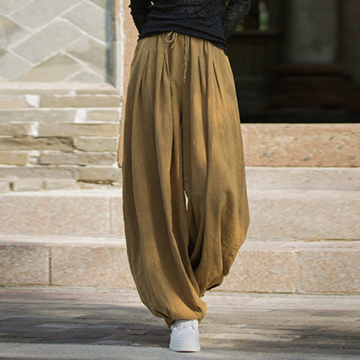 Pantaloni da donna in cotone ramiè con tasche, casual, tinta unita, larghi, con cintura e cravatta in corda Buddha Stones