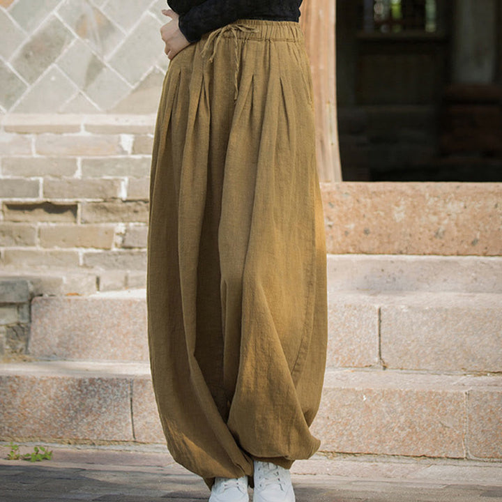 Pantaloni da donna in cotone ramiè con tasche, casual, tinta unita, larghi, con cintura e cravatta in corda Buddha Stones