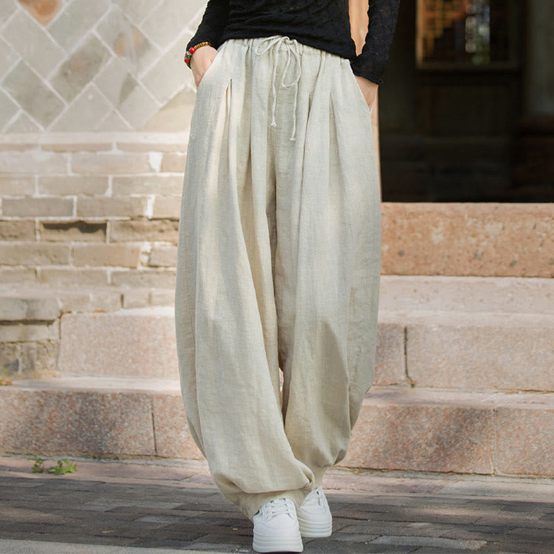 Pantaloni da donna in cotone ramiè con tasche, casual, tinta unita, larghi, con cintura e cravatta in corda Buddha Stones