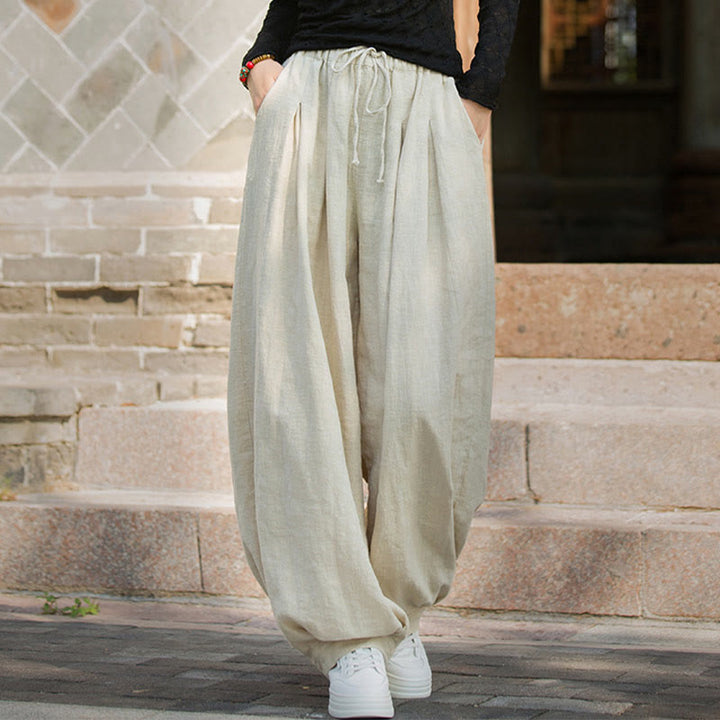 Pantaloni da donna in cotone ramiè con tasche, casual, tinta unita, larghi, con cintura e cravatta in corda Buddha Stones