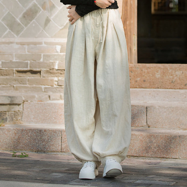 Pantaloni da donna in cotone ramiè con tasche, casual, tinta unita, larghi, con cintura e cravatta in corda Buddha Stones