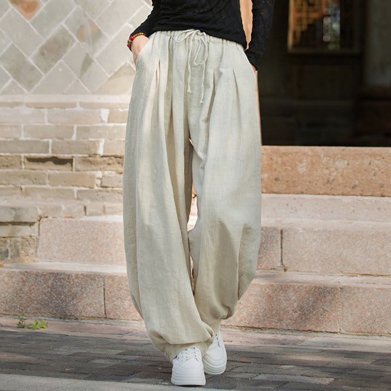 Pantaloni da donna in cotone ramiè con tasche, casual, tinta unita, larghi, con cintura e cravatta in corda Buddha Stones