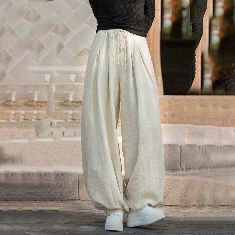 Pantaloni da donna in cotone ramiè con tasche, casual, tinta unita, larghi, con cintura e cravatta in corda Buddha Stones