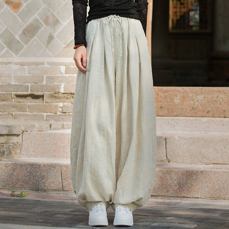 Pantaloni da donna in cotone ramiè con tasche, casual, tinta unita, larghi, con cintura e cravatta in corda Buddha Stones