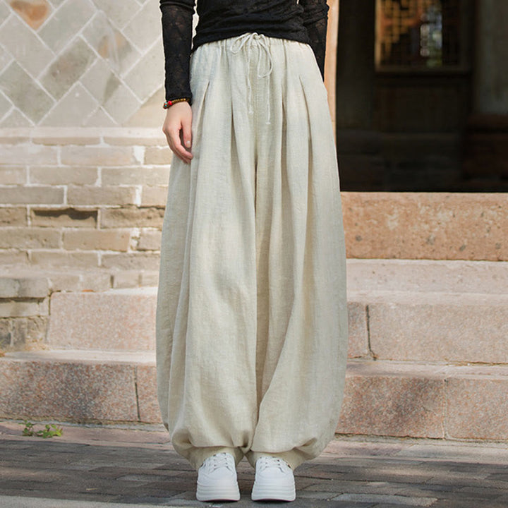 Pantaloni da donna in cotone ramiè con tasche, casual, tinta unita, larghi, con cintura e cravatta in corda Buddha Stones