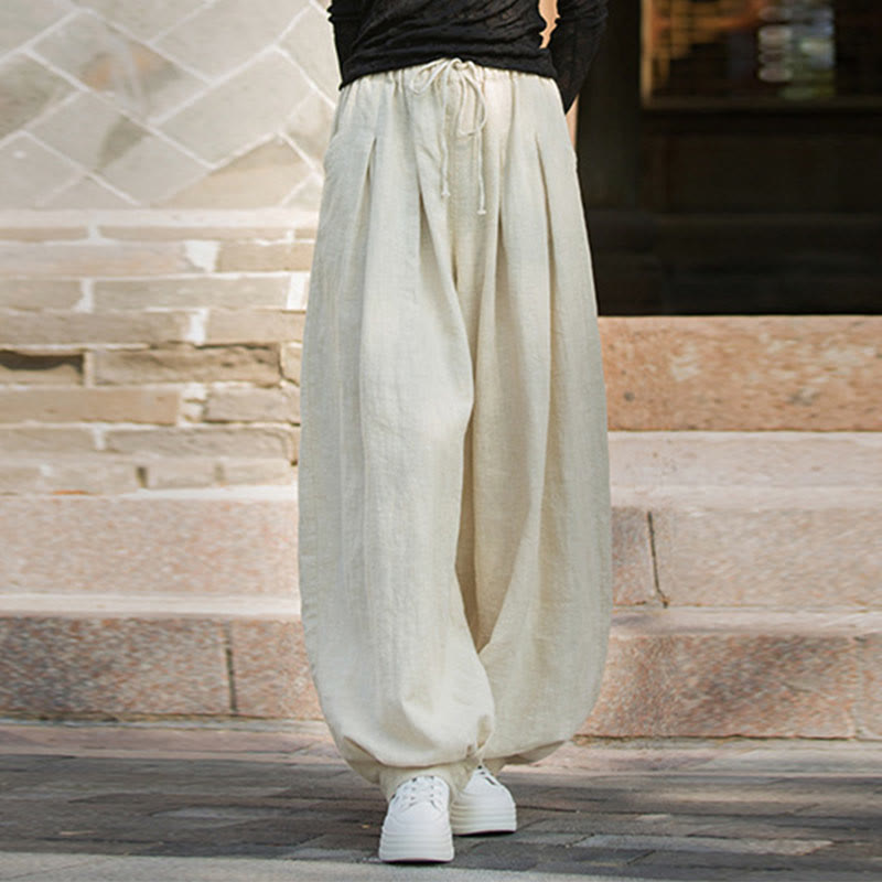 Pantaloni da donna in cotone ramiè con tasche, casual, tinta unita, larghi, con cintura e cravatta in corda Buddha Stones