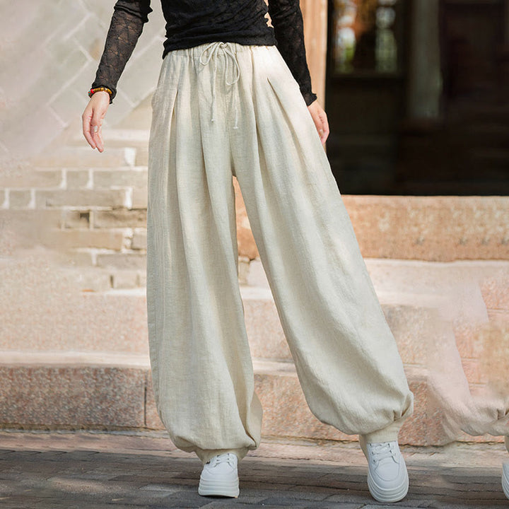 Pantaloni da donna in cotone ramiè con tasche, casual, tinta unita, larghi, con cintura e cravatta in corda Buddha Stones