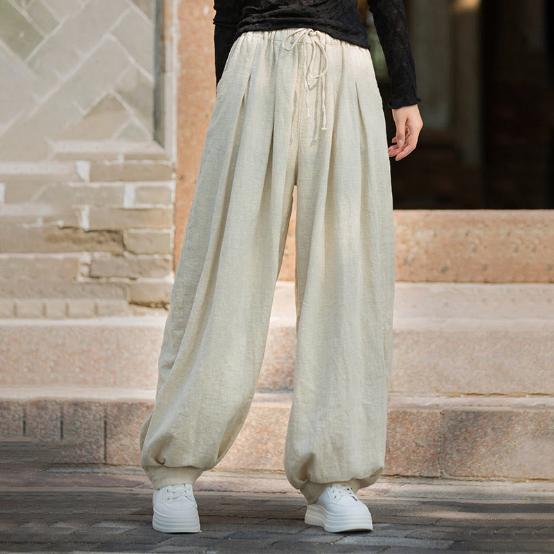 Pantaloni da donna in cotone ramiè con tasche, casual, tinta unita, larghi, con cintura e cravatta in corda Buddha Stones