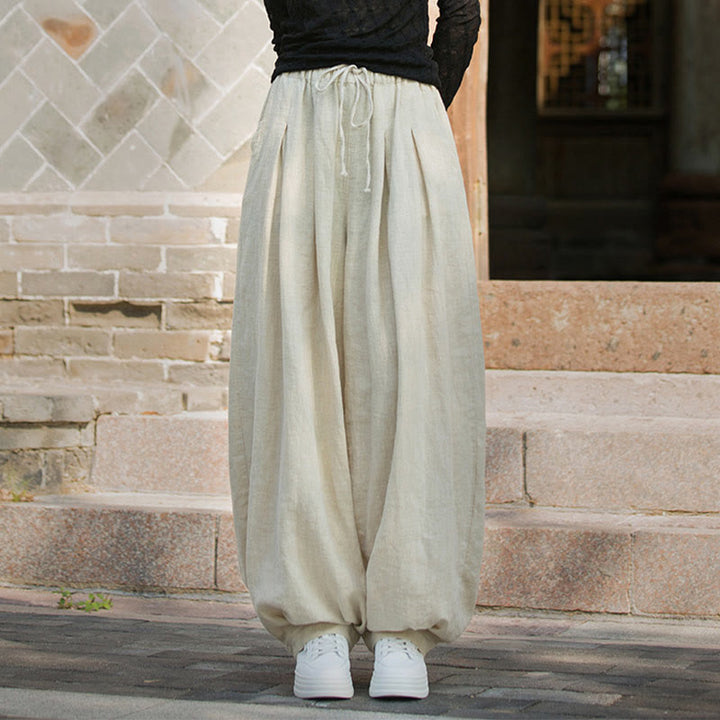 Pantaloni da donna in cotone ramiè con tasche, casual, tinta unita, larghi, con cintura e cravatta in corda Buddha Stones