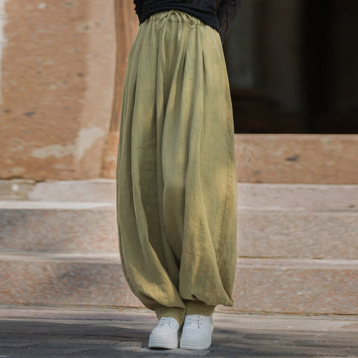 Pantaloni da donna in cotone ramiè con tasche, casual, tinta unita, larghi, con cintura e cravatta in corda Buddha Stones