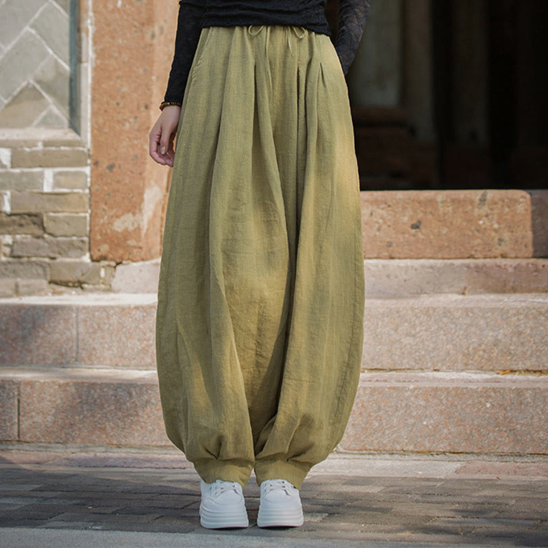 Pantaloni da donna in cotone ramiè con tasche, casual, tinta unita, larghi, con cintura e cravatta in corda Buddha Stones